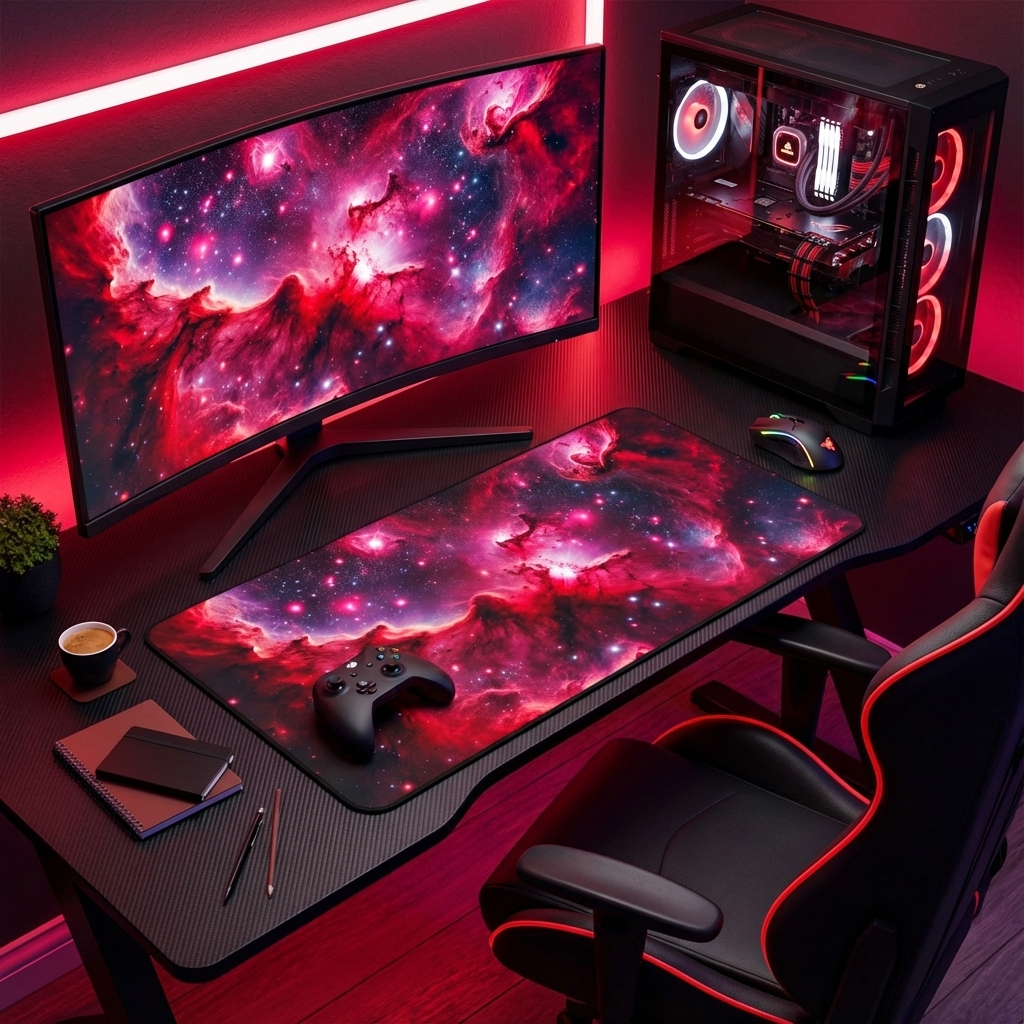 Red Galaxy Desk Mat - 'Passion Nebula' - Cosmic Gaming & Office Decor