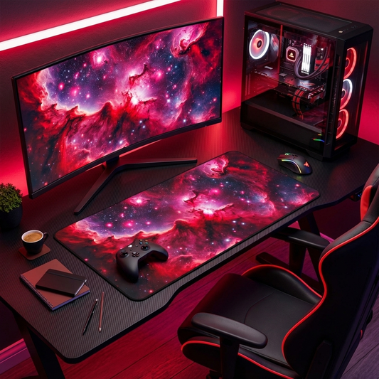 Red Galaxy Desk Mat - 'Passion Nebula' - Cosmic Gaming & Office Decor